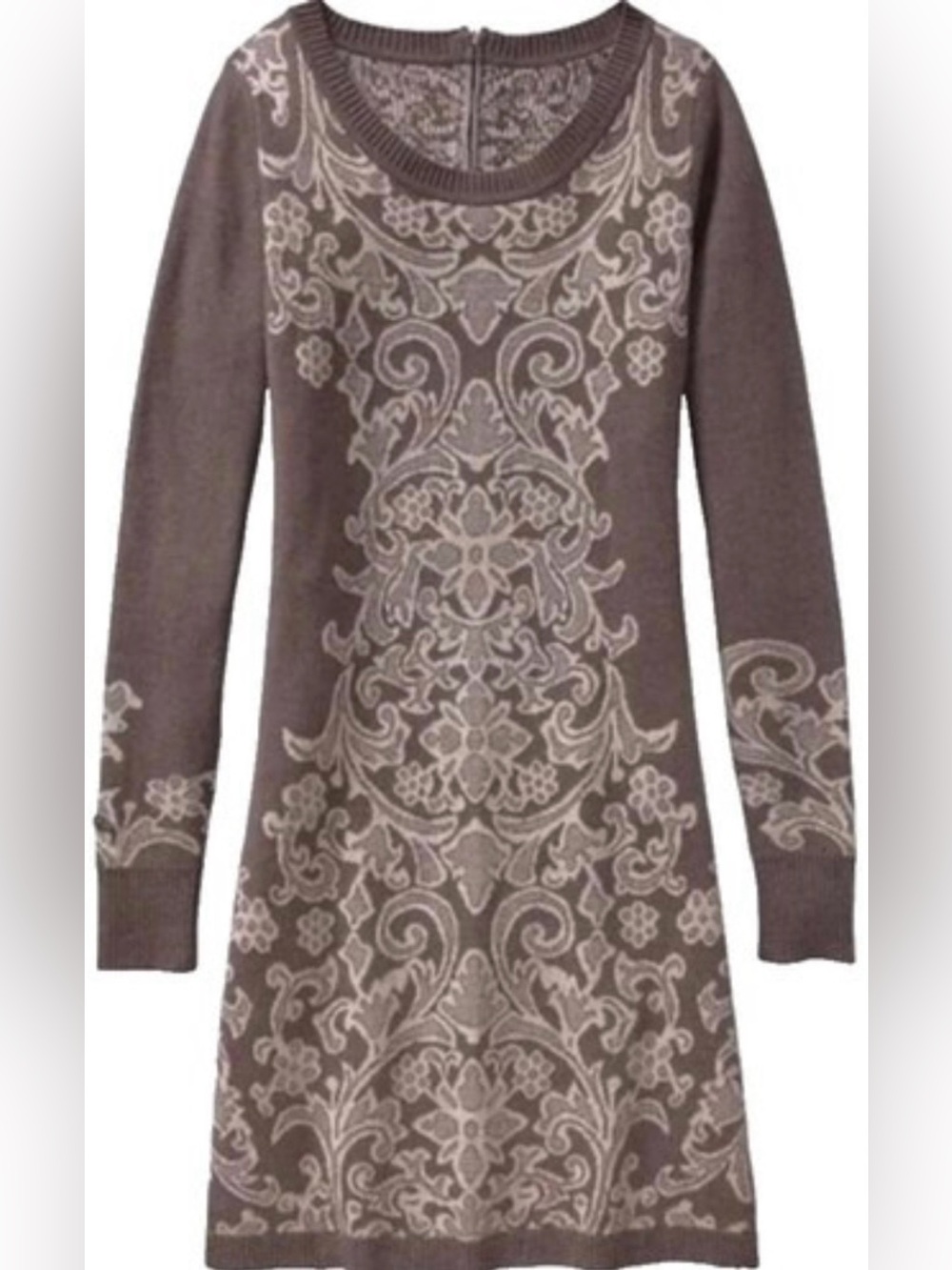 Athleta Duluth Jacquard Floral Knit Sweater Dress taupe brown size medium